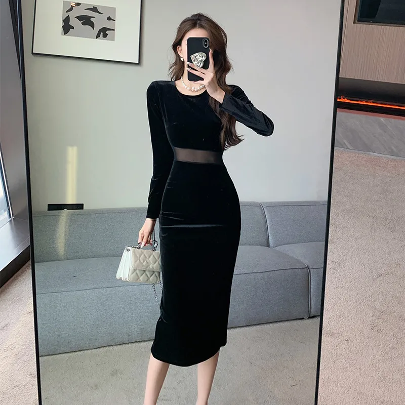 

Elegant Slim Velvet Evening Party Dress Women Luxury Sexy Dresses Long Sleeve Korean Midi Vestido Festa