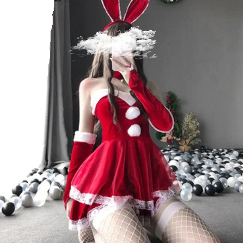 

Outfits Kawaii Dress Maid Waitress Uniform Red Christmas Costumes Lady Santa Claus Velvet Bunny Role Play Lace Lolita Rabbit COS