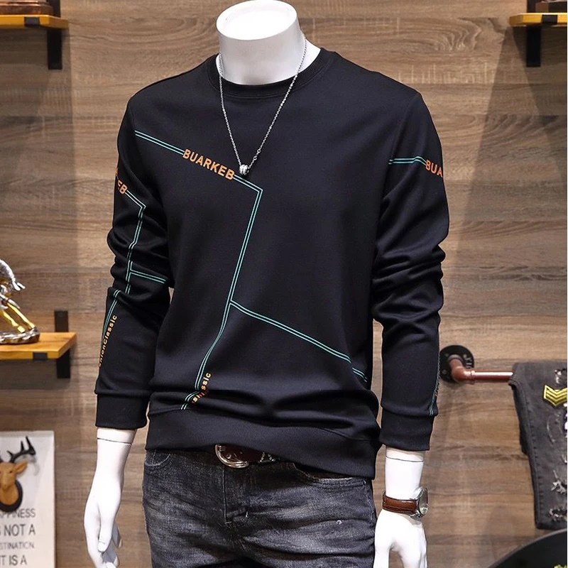Men Clothing Autumn Winter Korean Fashion Print Fleece Warm Sweatshirt Round Neck Long Sleeve Loose Pullover Tops Casual Hoodies 3