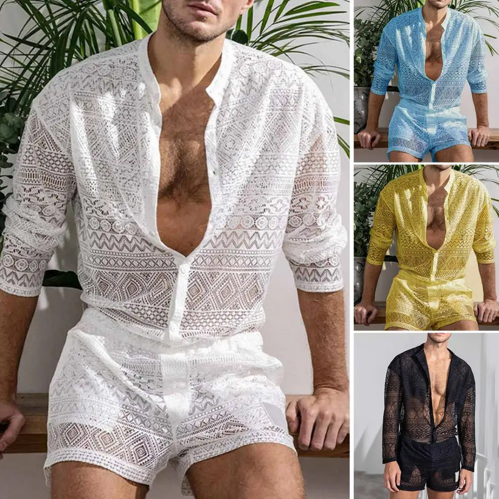 

Men Set Summer Sexy See Through Lace Outfits Top Shorts Hollow Out Beach Fashion Short Sleeved Tops And Shorts for Wedding