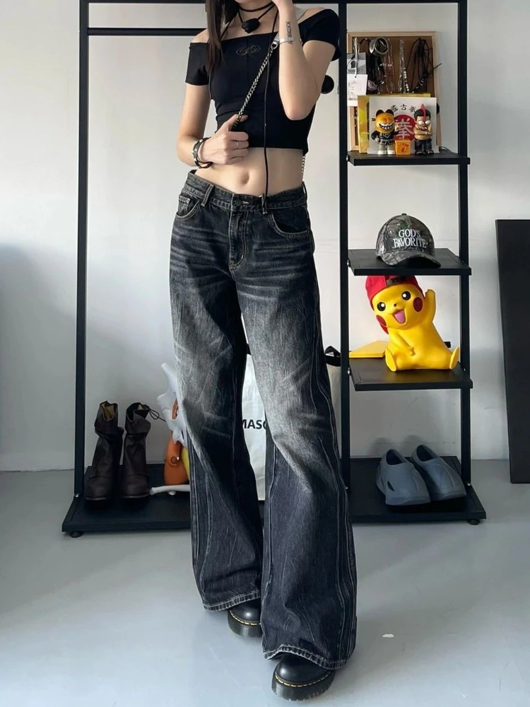 ADAgirl Black Baggy Jeans Women Harajuku Vintage Oversize Do Old Korean Wide Leg Denim Pants Y2k Causal Straight Female Bottoms