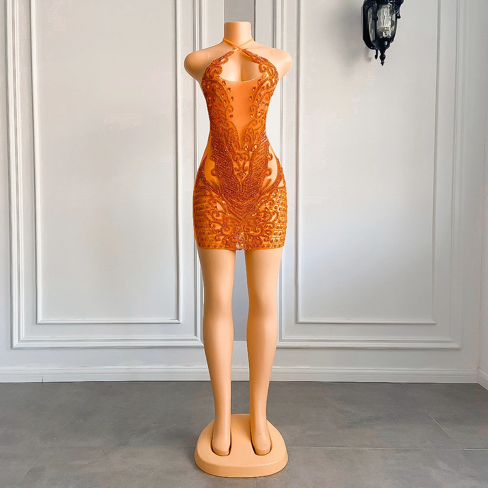 Luxury Sparkly Diamond Short Prom Dresses 2026 Sexy Sheer Mesh Orange Beads  Crystals African Women Cocaktail Gowns For Birthday - AliExpress 320