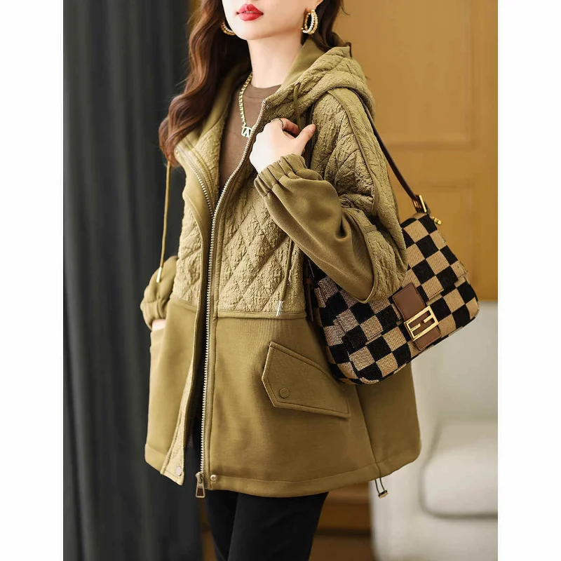 

Autumn and winter European hooded diamond checkered cotton jacket cotton jacket women insets for cold and warm protection parkas