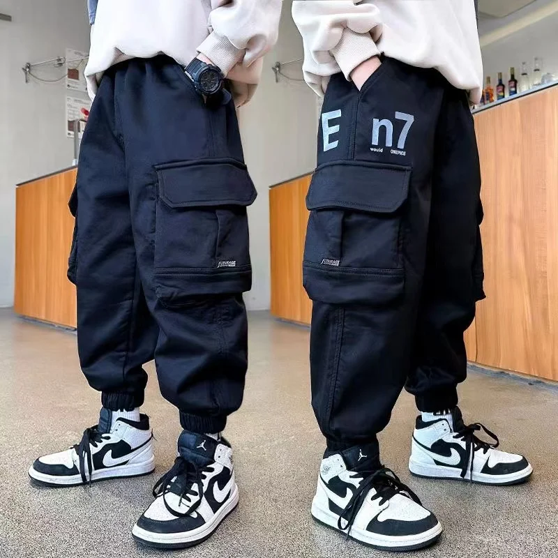 Boys Pocket Cargo Pants Winter Warm Fleece Longchildren's Warm Casual Trousers Christmas Gifts For Boys Loose-fitting Trousers