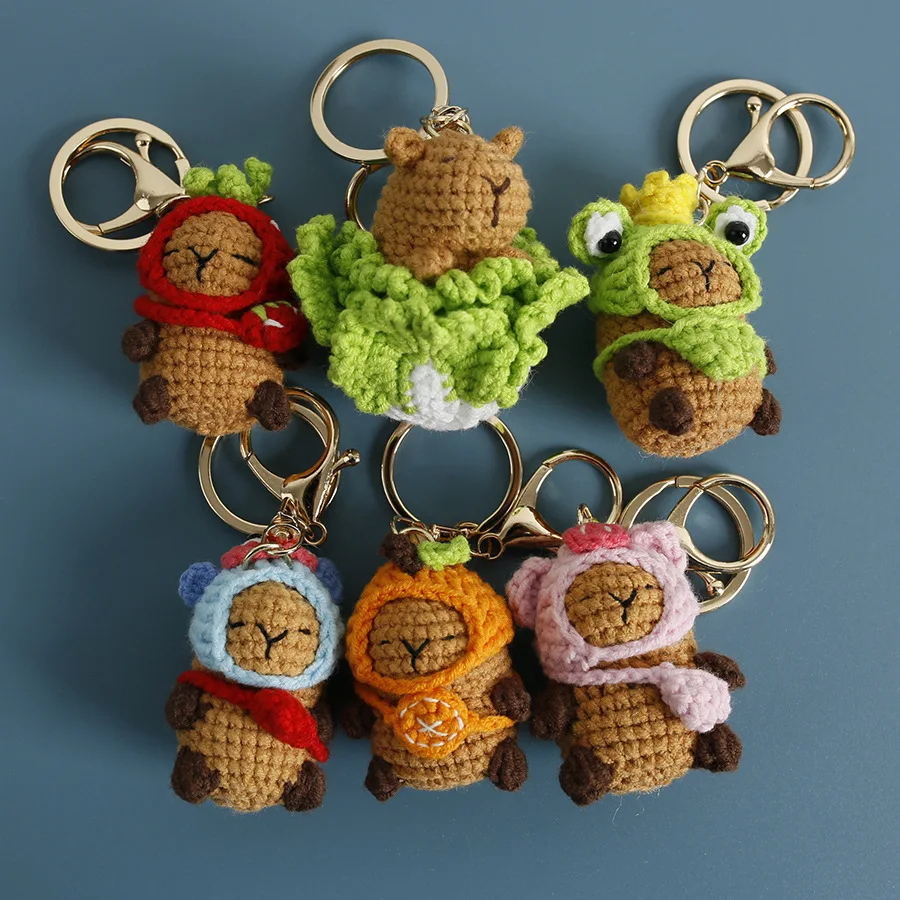 10pcs diy mini knitting hats ornaments knitting christmas mini knitting doll hats polyester sewing crafts mini wool hat Cute Capybara Keychains Creative Knitting Capybara Doll Crochet Keyrings For Car Keys Kapibala Knitted Keychain For Bag Pendant