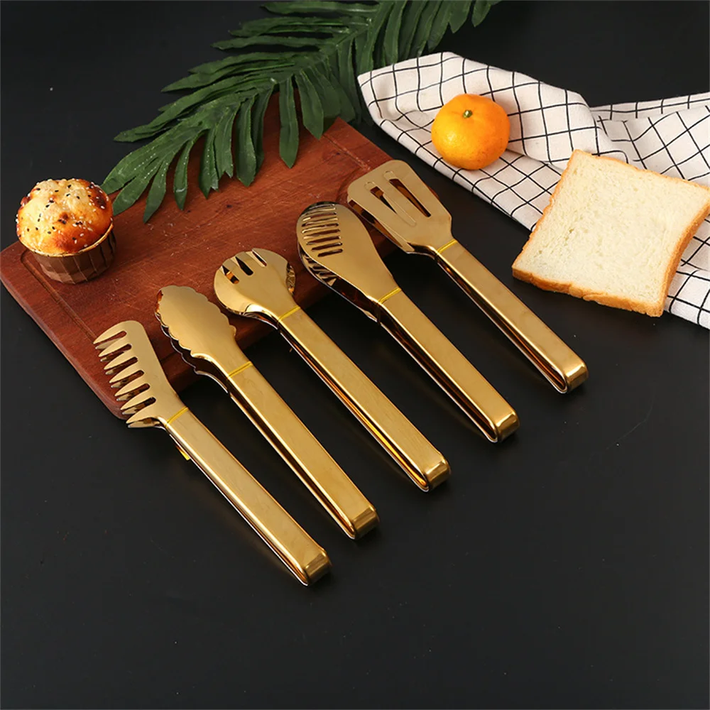 Gold Stainless Steel BBQ Tongs Salad Food Clips Bread Pasta Serving Tongs Non-Stick Kitchen Cooking Tools