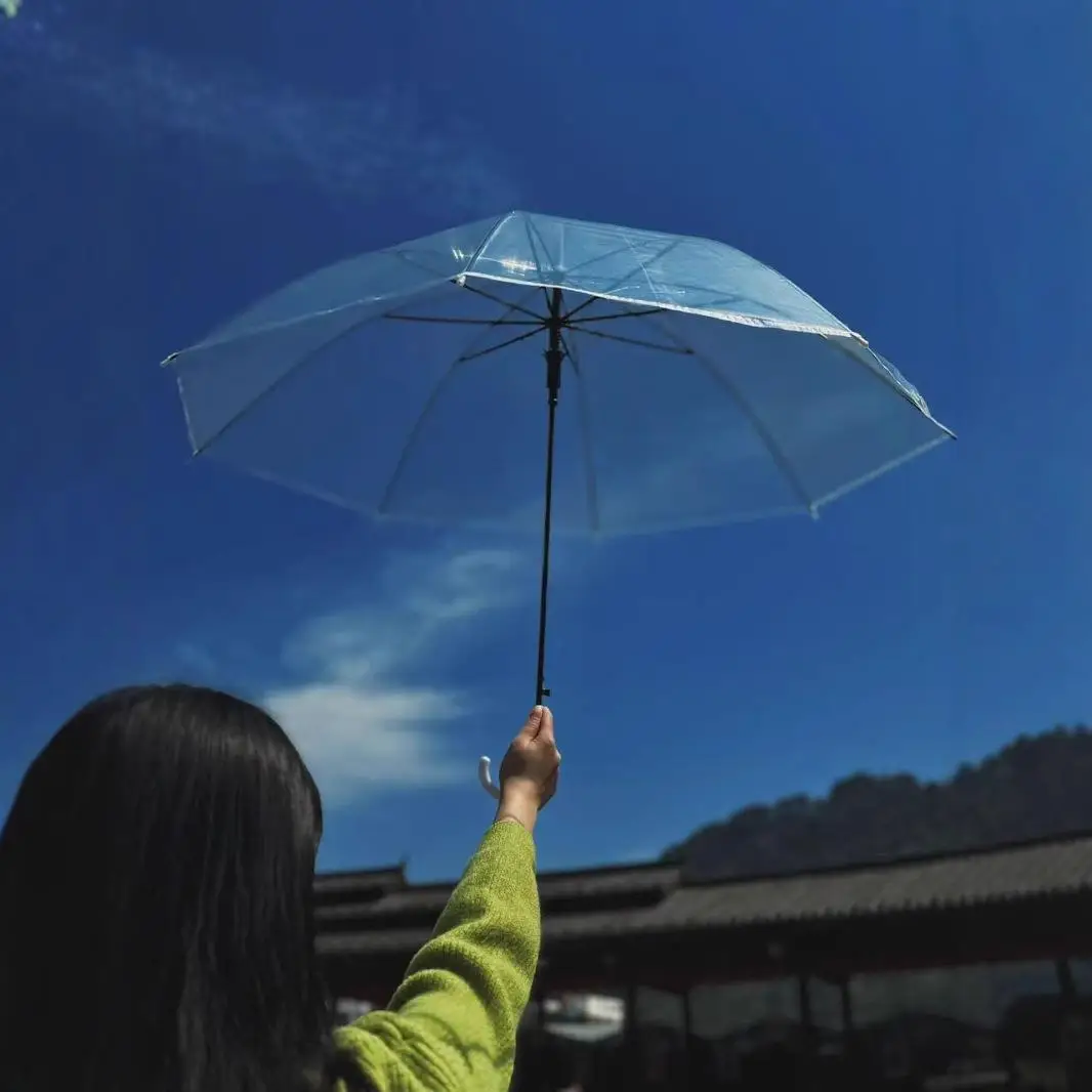 Transparent Plastic Rain Umbrella Long Handle Disposable White High Aesthetic Value Rain Flower in the Rain PVC Auatic Umb...
