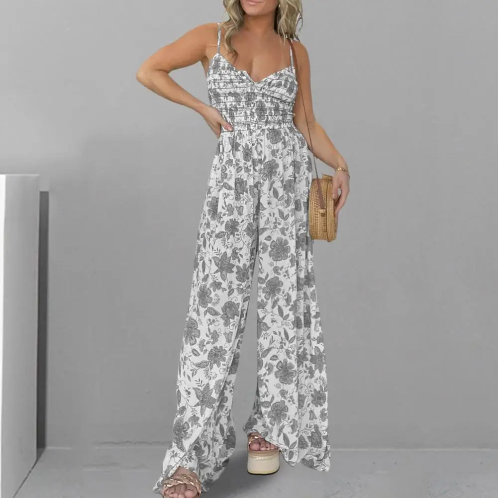 

Women Summer Jumpsuit Floral Print V Neck Jumpsuit for Women Wide Leg Summer Romper with Elastic Waist Spaghetti for Vacation