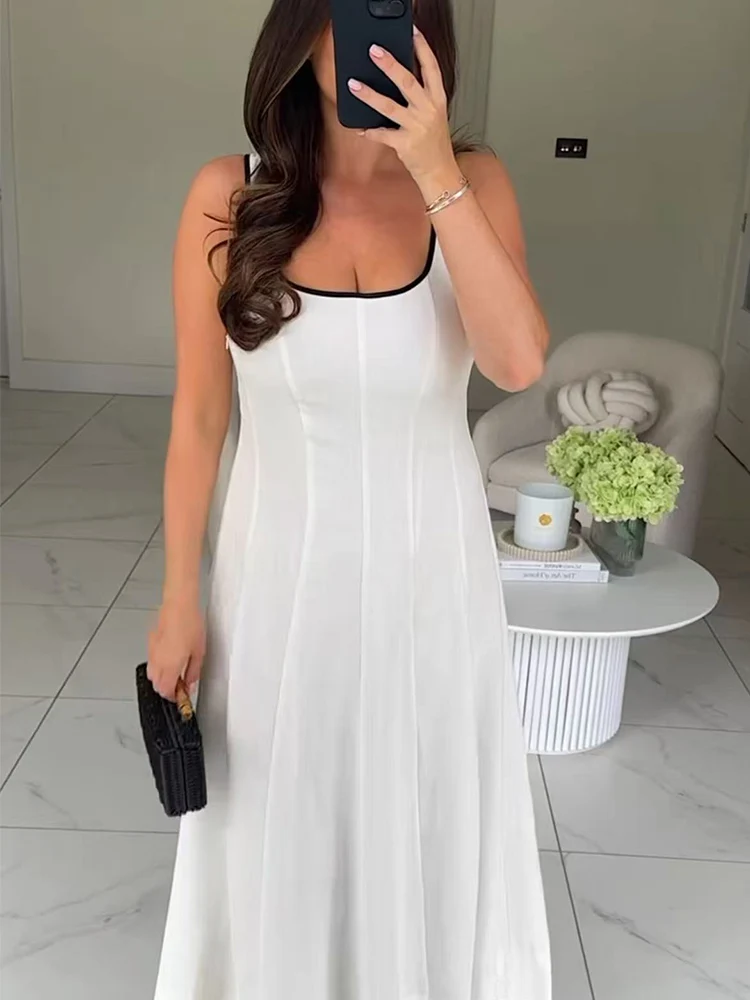 TFMLN Female Square Collar Midi Dress Casual Elegant Sleeveless Black White Contrast Color Chic Retro Slimming Women's Dresses