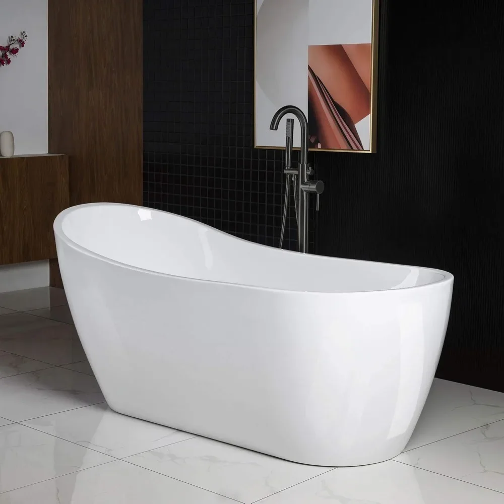 67" Freestanding Bathtub with Matte Black Overflow and Drain，Bottom with Stainless Steel Bracket Makes，Contemporary Soaking Tub 6