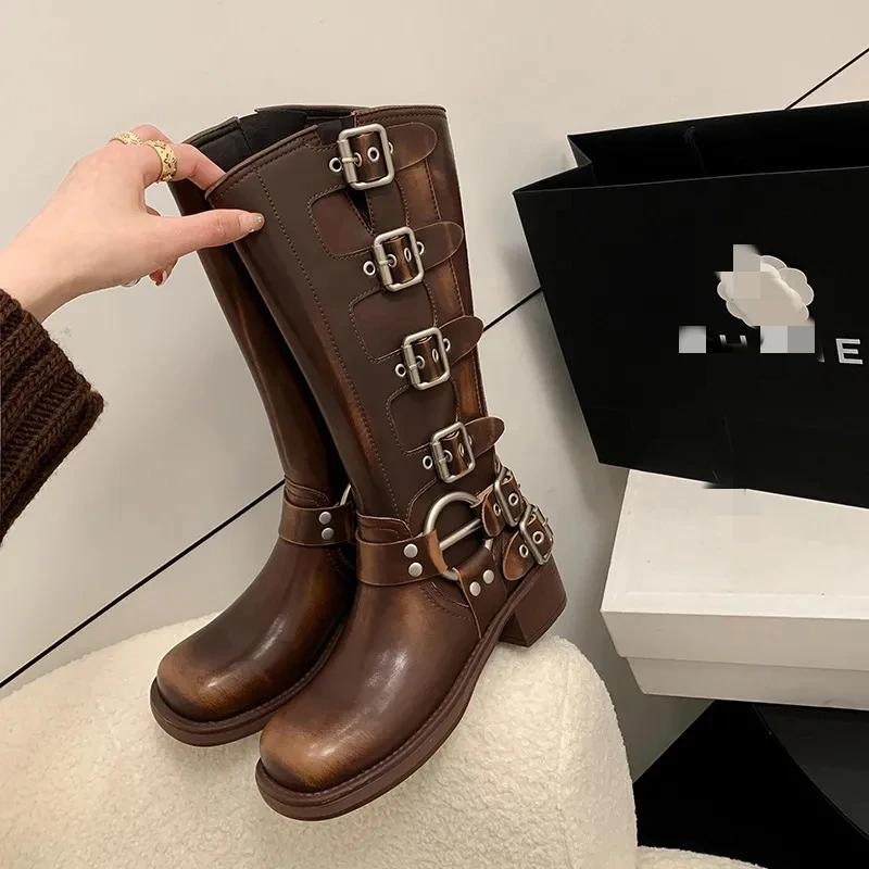 

Vintage metal buckle square toe denim boots