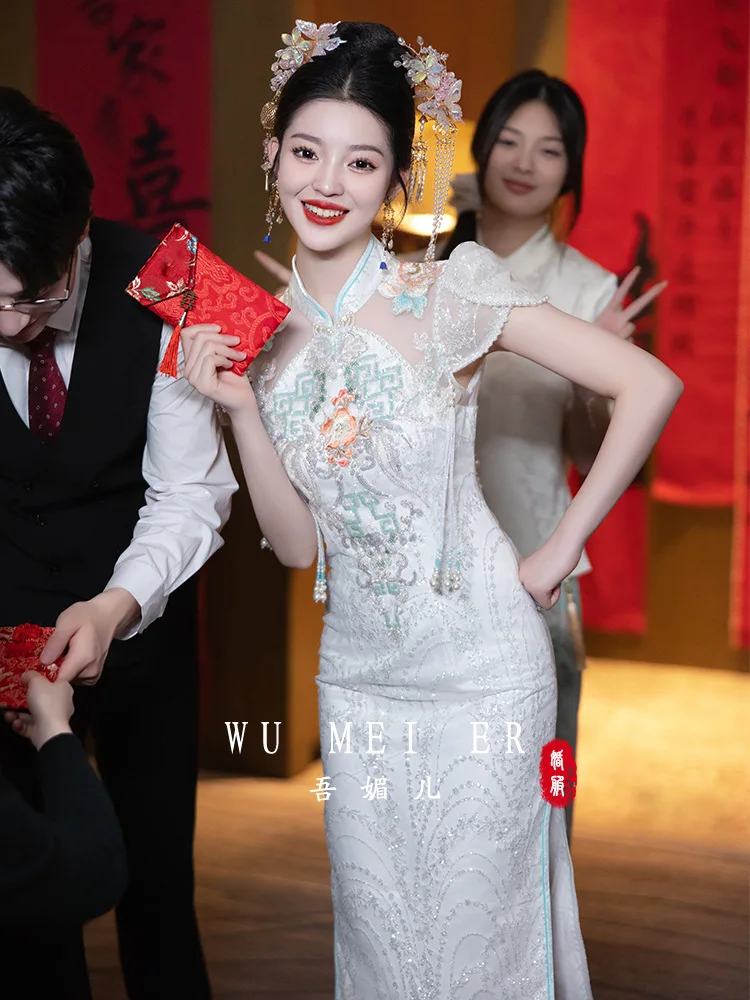 New Chinese Style Engagement Dress Luxury New Toasting Attire Bride's Cheongsam Qipao Evening Gown костюм для восточных