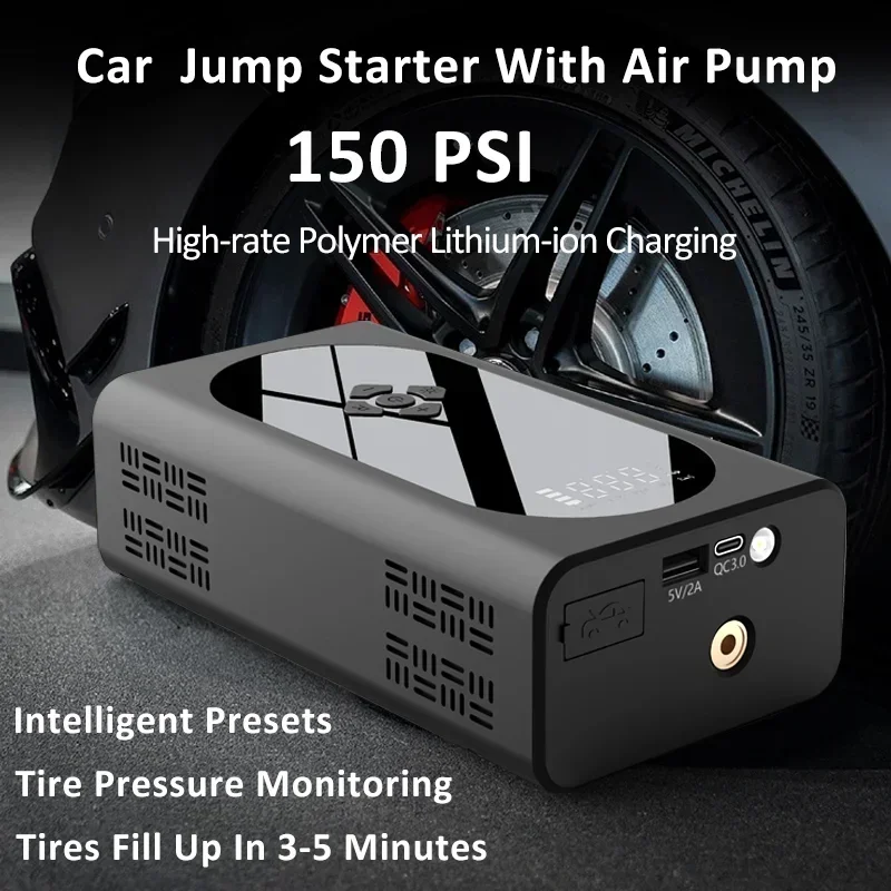 Car Jump Starter Jump Starter 4 In 1 3000A Car Jump Starter Power Bank 150PSI Auto Air Compressor Wireless Tire Pump Car Battery Booster Starting Device