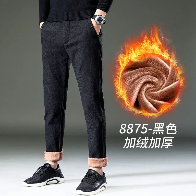 

2024 зимние меховые теплые мужские брюки для гольфа, эластичные длинные брюки, корейские деловые повседневные мужские износостойкие толстые брюки, одежда