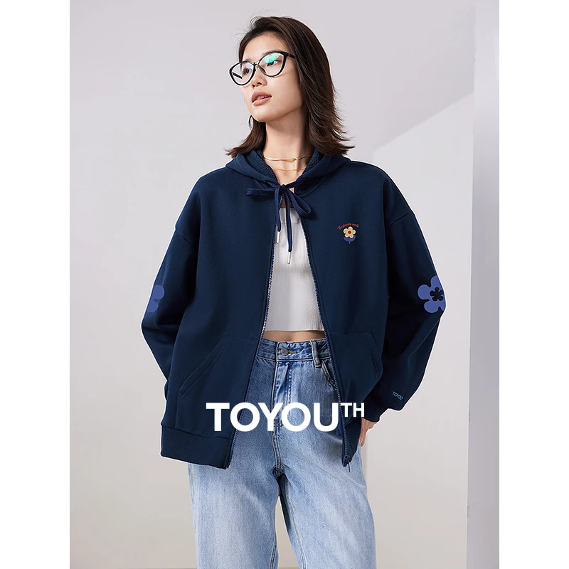 

Toyouth Women Plush Coat 2023 Winter Long Sleeve Loose Thick Hooded Jacket Flower Print Fashion Chic Navy Gray Cardigan Hoodies