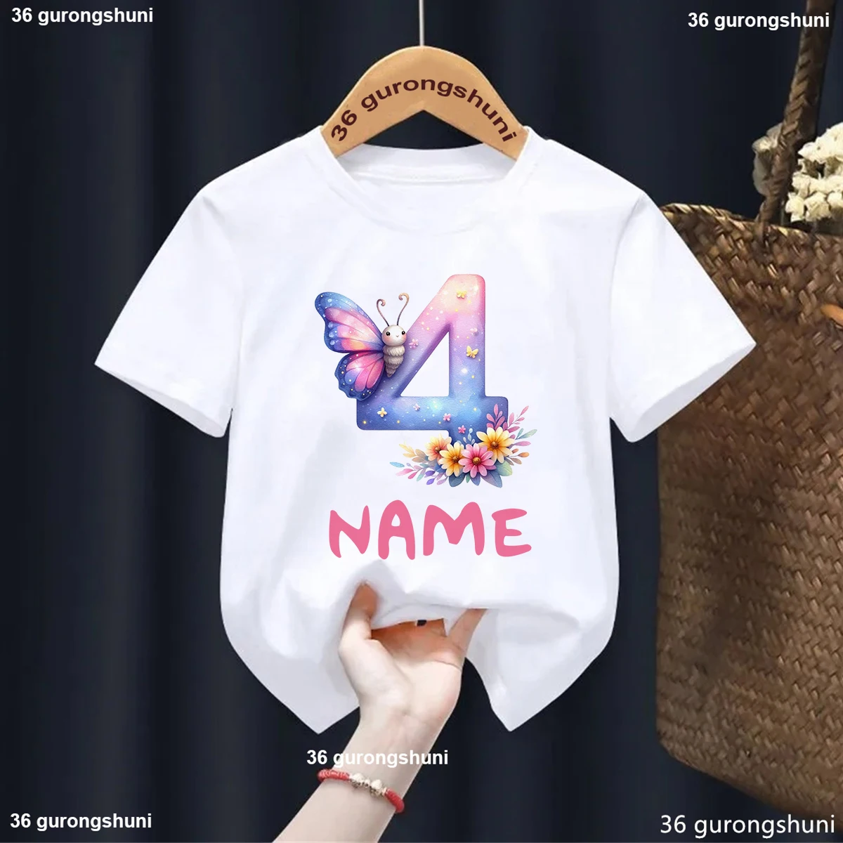 Watercolor Butterfly Number 1-9 Year Girl Tshirt Personalized Name For Children'S Birthday Party Costume Tshirt Cute Kids Tshirt 5