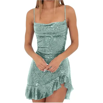 Sexy Slim Fitting Fashion Solid Color Sequin Back Cross Tie Ruffle Edge Sleeveless Suspender Irregular Hem Pleated Party Dress
