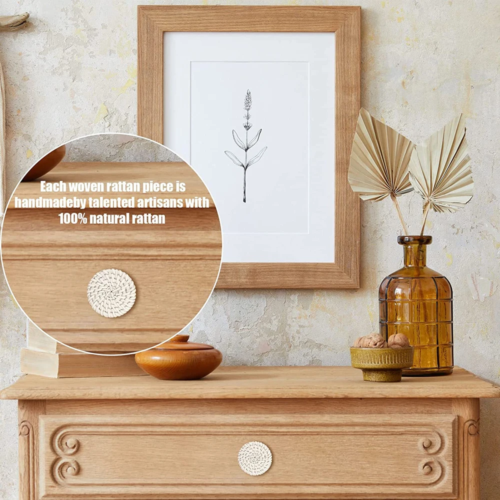 Rattan Wooden Handles Round Handmade Cabinets Drawer Pulls Wood Kitchen Cupboard Wardrobe Door Dresser Knobs 1-24pcs
