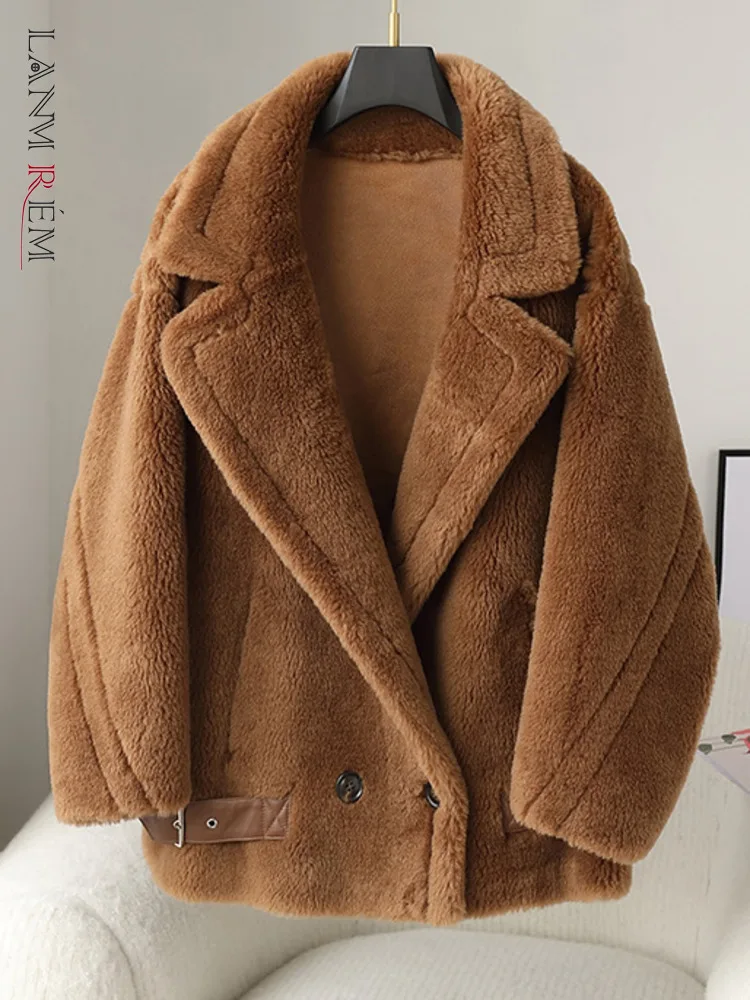 

LANMREM 2023 Winter New Wool Short Jackets Women Notched Collar Double Breasted Solid Color Thick Coat Fashion Clothing 2AA3625