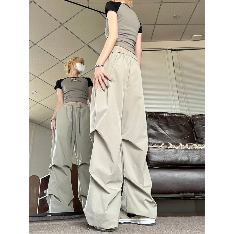 QWEEK Vintage Parachute Pants Women Black Baggy Y2k Streetwear Korean Fashion Pleated Cargo Trousers Harajuku 90s Aesthetic Kpop