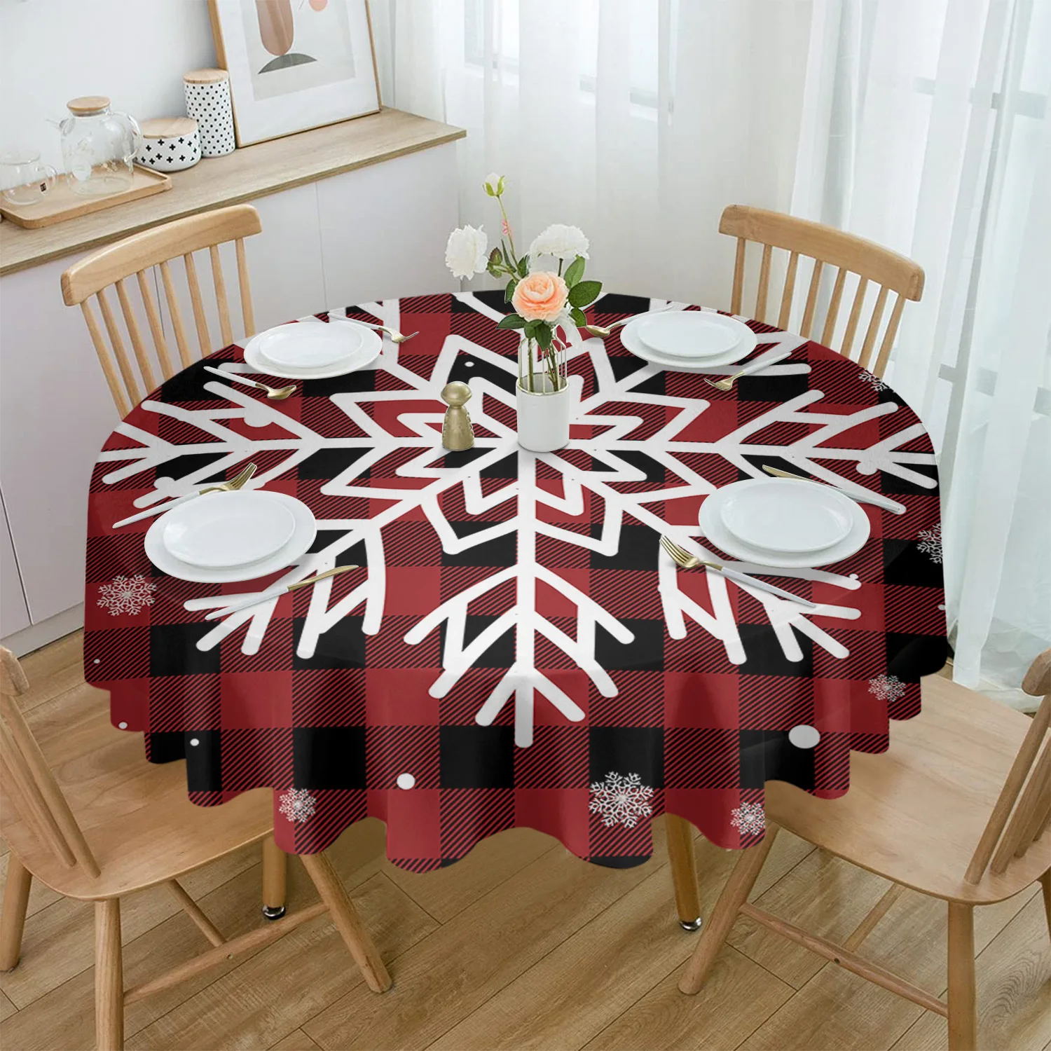 

Christmas Red Plaid Snowflake Round Tablecloth Waterproof Wedding Decor Table Cover Christmas Party Decorative Tablecloth