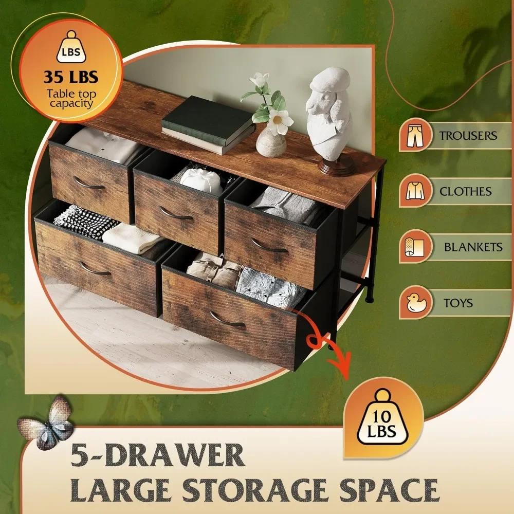 Dresser for Bedroom with 5 Drawers, Wide Chest of  Fabric Dresser, Storage Organizer Unit   Bins 5