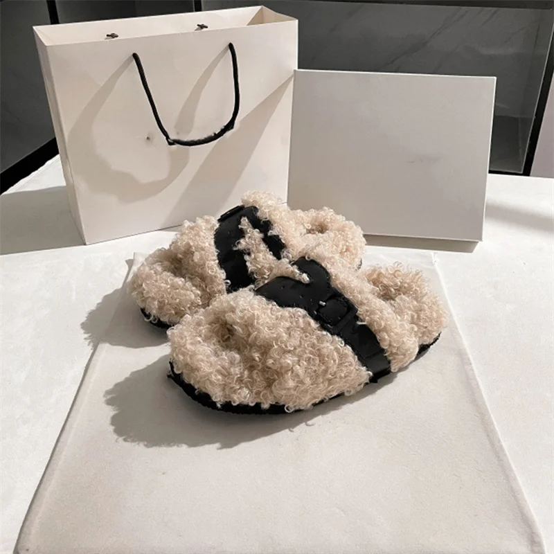 2023 Winter New Wool Slippers Fashion Soft Warm Comfortable Flat Slippers Brand Designer Casual Home Flat Slippers