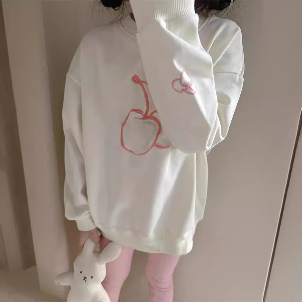 

2024 Spring New Children Long Sleeve Casual Sweatshirt Cotton Baby Girls Cherry Embroidery Tops Kids Toddler Versatile Pullover