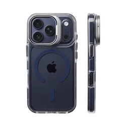 Luxury Shockproof Magnetic Clear Bumper Case with Lens Protection and Stand Feature - iPhone 17 (Dark Blue)