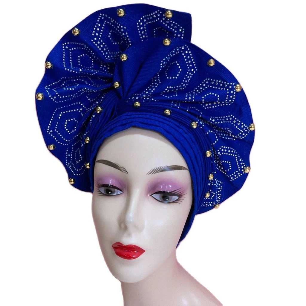 SugeGasa Nigerian Aso Oke Auto Gele Headtie With Beads & Stones - Pre-Made African Head Wrap For Women, Parties & Weddings - View #7