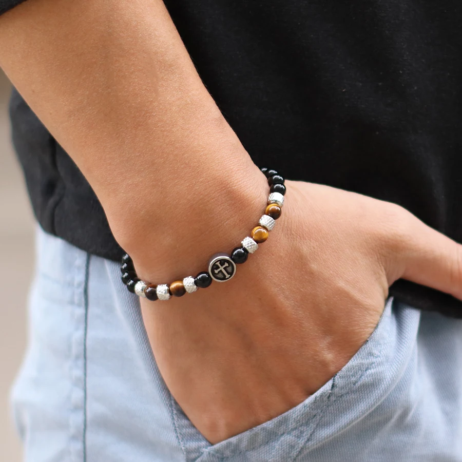 Stainless Steel Tiger Eye Stone Men Bracelet