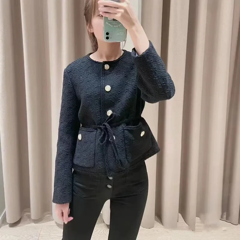 

Jacket for Women Tweed Single Breasted O-Neck Pockets Long Sleeve Coat