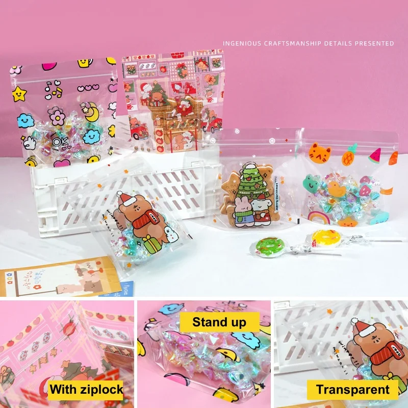 StoBag 10/100pcs 크리스마스 투명 캔디 식품 포장 가방 지퍼 어린이 키즈 선물 플라스틱 봉인 된 쿠키 보관 주머니
