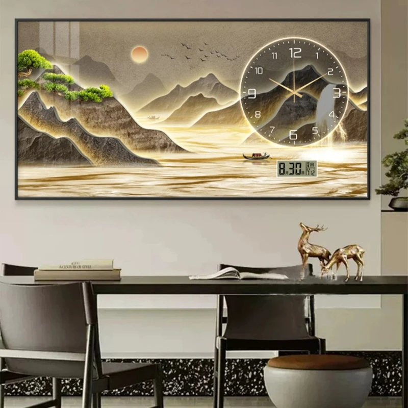 

New Home Decor Wall Clock Living Room Decoration Landscape Painting Perpetual Calendar Timepiece Wall Decoration