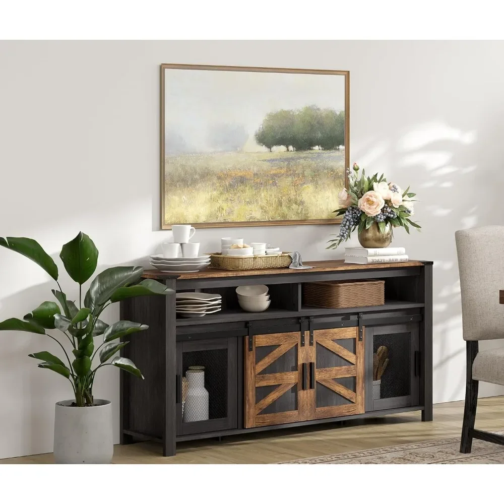 59" Coffee Bar Storage Cabinet with Mesh Doors, Farmhouse Buffet Cabinet, Rustic Sideboard with Sliding Barn Doo 2