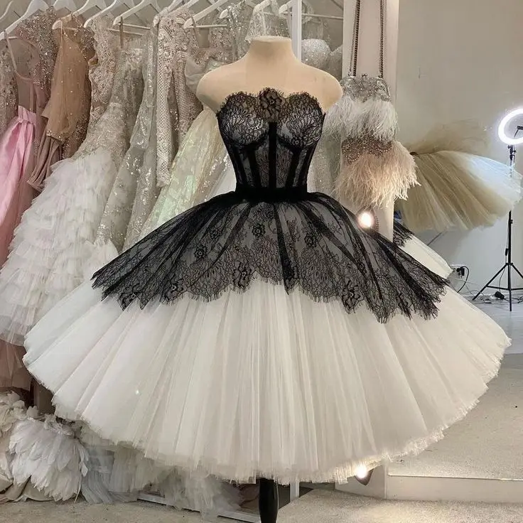 open lace back dress Unique Halter Neck Black/White Short Homecoming Dresses, Black/White P –  morievent main image 1