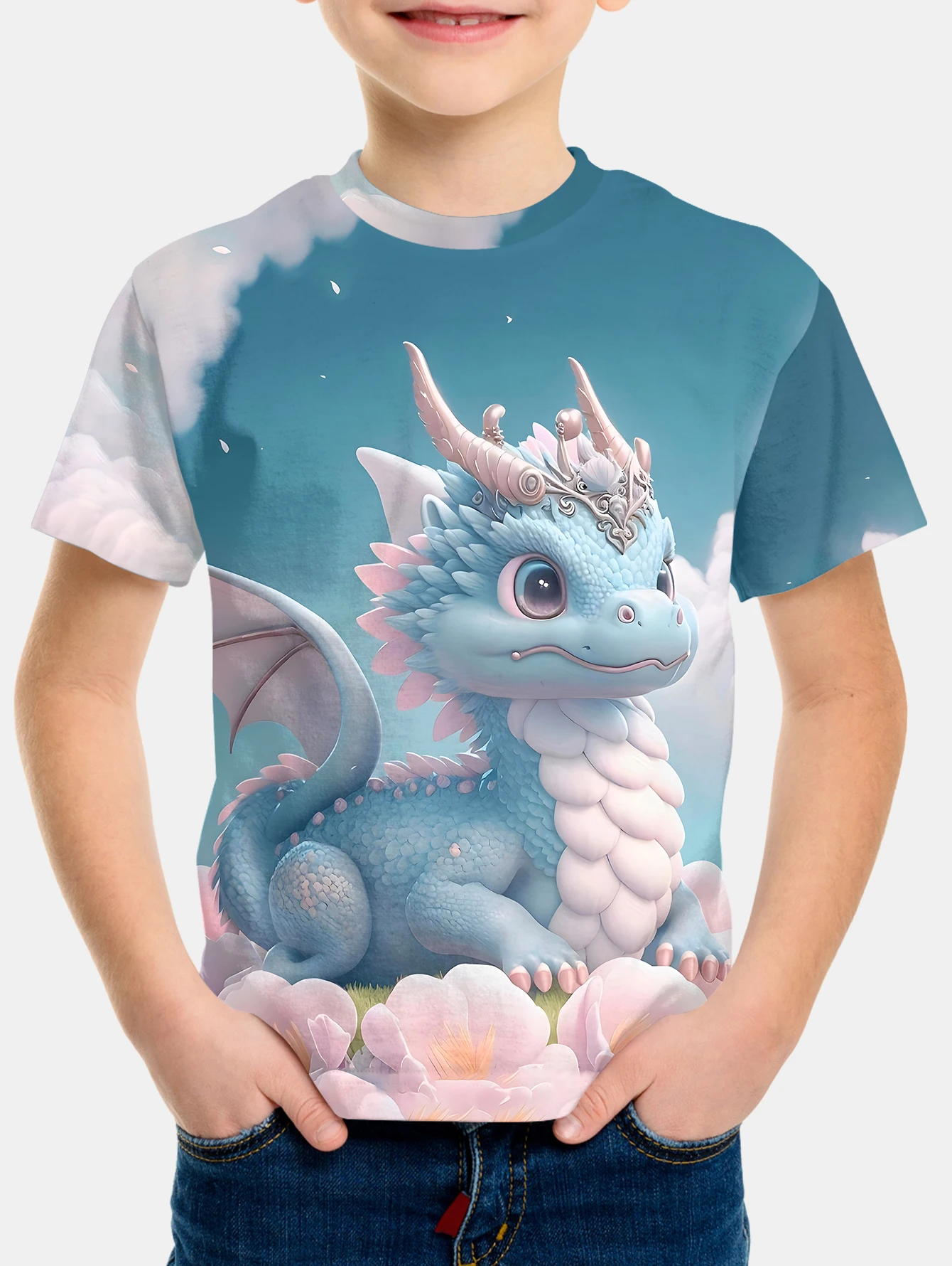 Boys'Cute little dragon summer round neck short sleeved T-shirt, casual lightweight and comfortable top, 3D printed