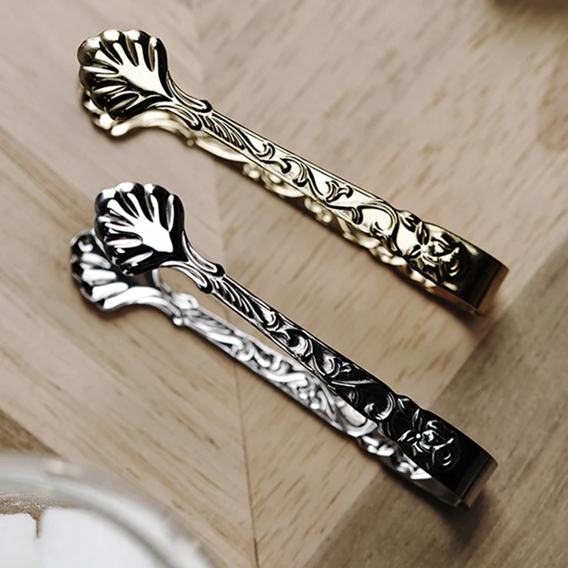 2pcs Vintage Rose Relief Coffee Sugar Tongs Stainless Steel Ice Cube Clips Golden Tweezer Mini Food Clamp Kitchen Bar Accessorie stainless steel tongs tea bag tongs
