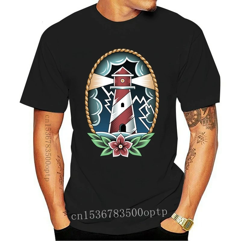 New Lighthouse Tshirt Beacon Roses Tattoo Sailor Sail Sail Capitano Never Sink Leuchtturm