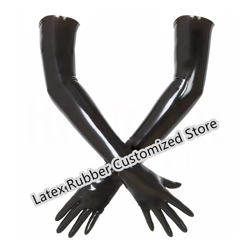 Sexy Fetish Latex Rubber Gloves Wrist Seamless Moulded Shoulder Length Black and Red Long for Men Women with Catsuit Hood