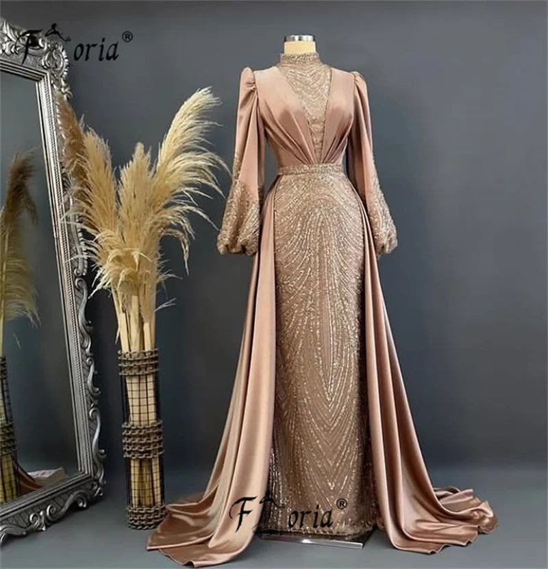 Long Champagne Dubai Mermaid Evening Dresses Bead Muslim Woman Party Gown Wedding Dress Customized Formal Gowns Vestidos de Gala