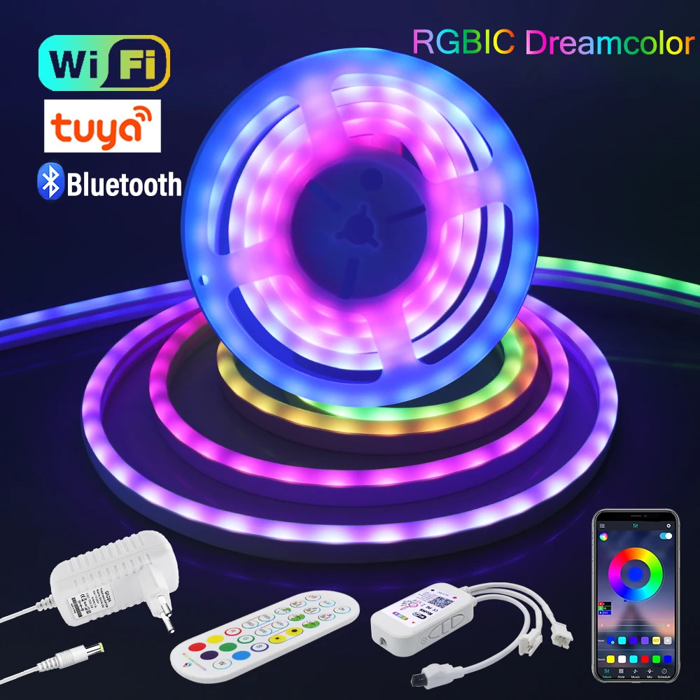 

Smart 12V LED Neon Light Strip Remote/Bluetooth/Tuya WiFi Control RGBIC Dreamcolor IP67 Waterproof Flexible Tape for Room Decor