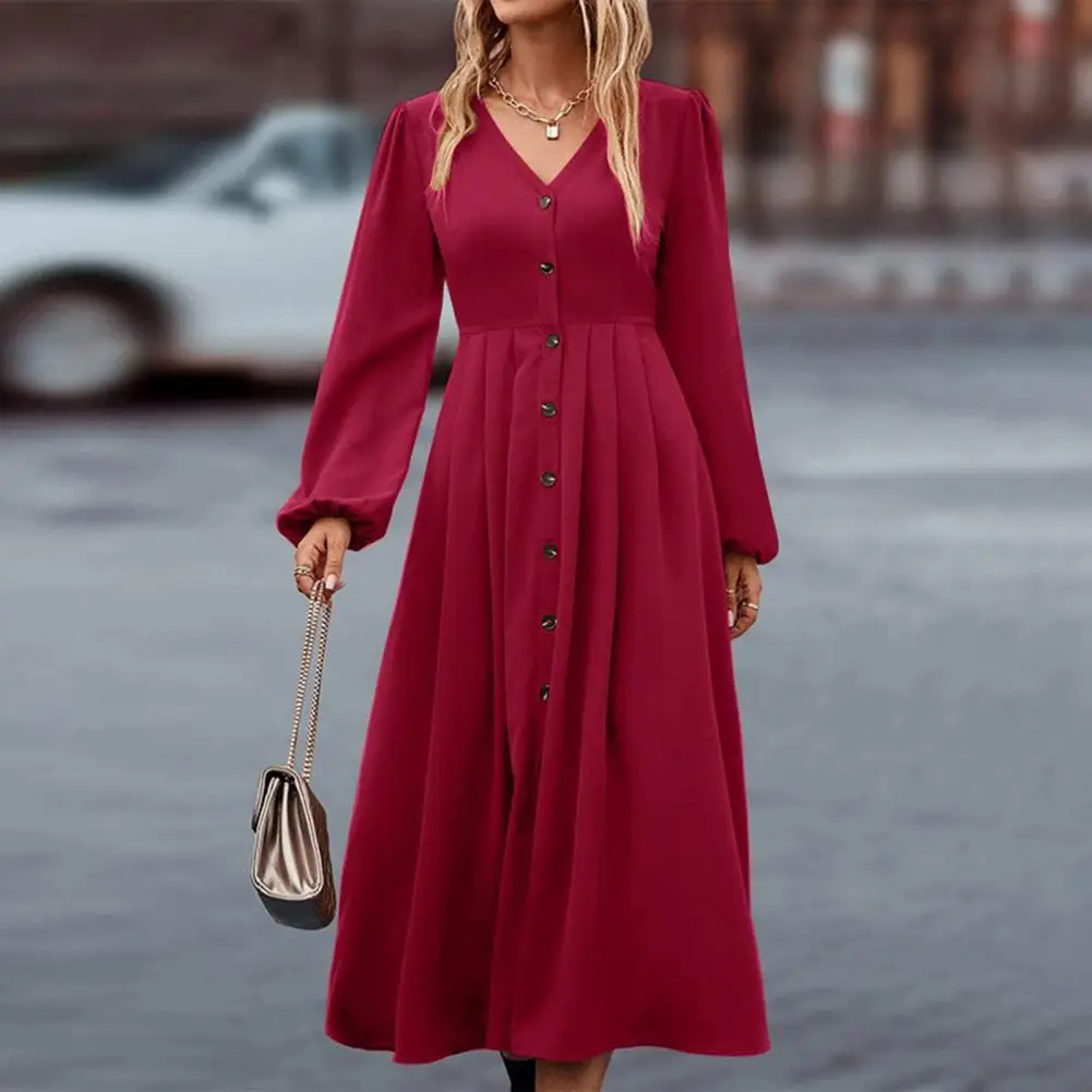 

Casual Solid Color Dress Women's V Neck A-line Midi Dress with Long Sleeve Single-breasted Button Detail Fall Spring Solid Color
