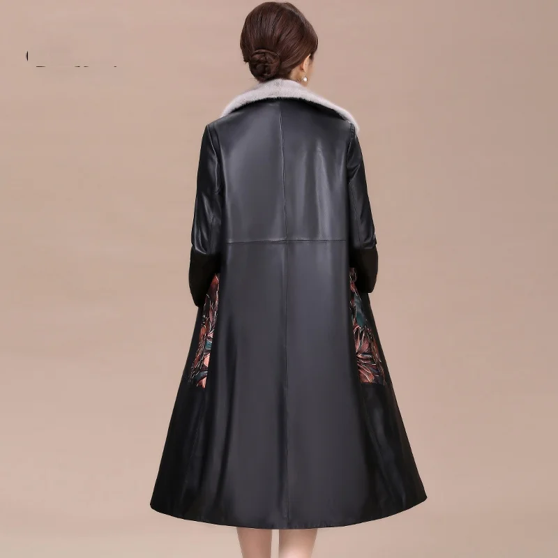 Haining- 가죽 다운 자켓 여성용, 새로운 밍크 모피 칼라 모피 어머니 양 가죽 코트 겉옷 중간 길이 2022 겨울