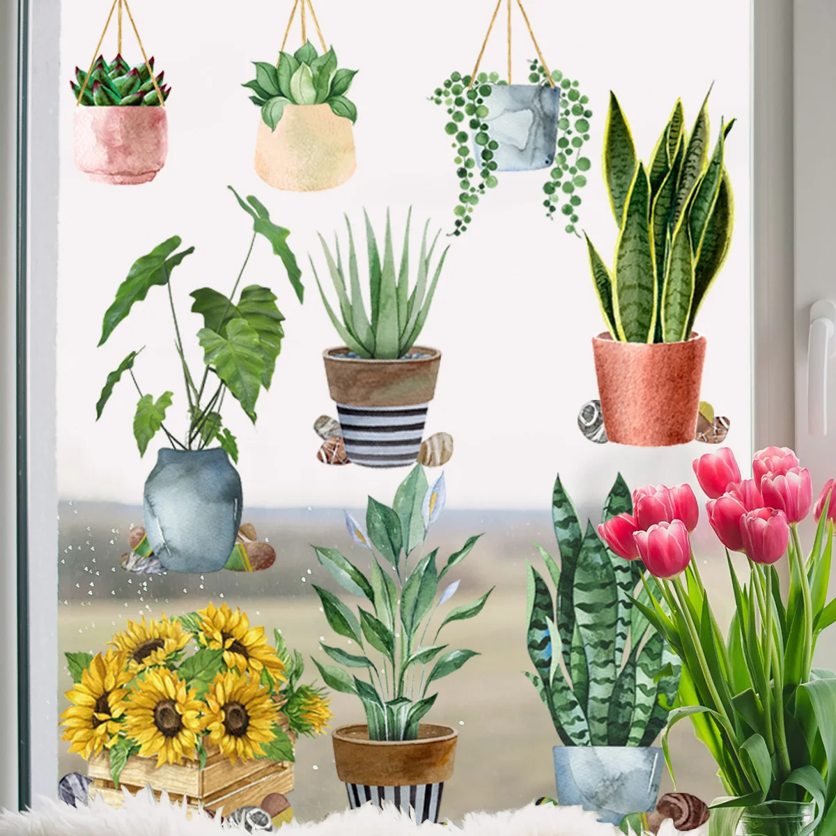 Fresh Green Plant Flower Pot Window Cling Sticker - Removable Static Decal for Home, Kitchen, Shop Decoration