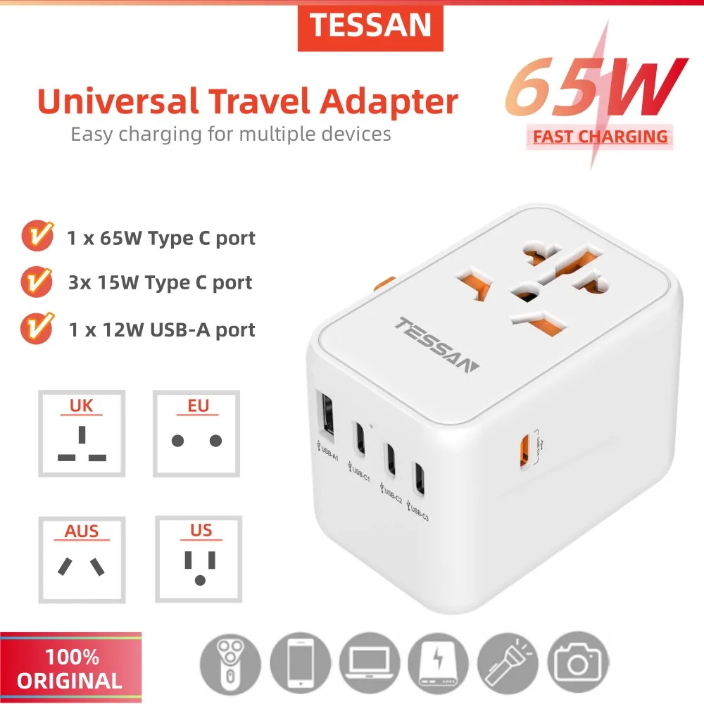 

TESSAN Universal Travel Adapter with 1 USB, 3 USB C and 1 PD 65W Fast Charging Power Adapter EU/UK/USA/AUS plug for Travel