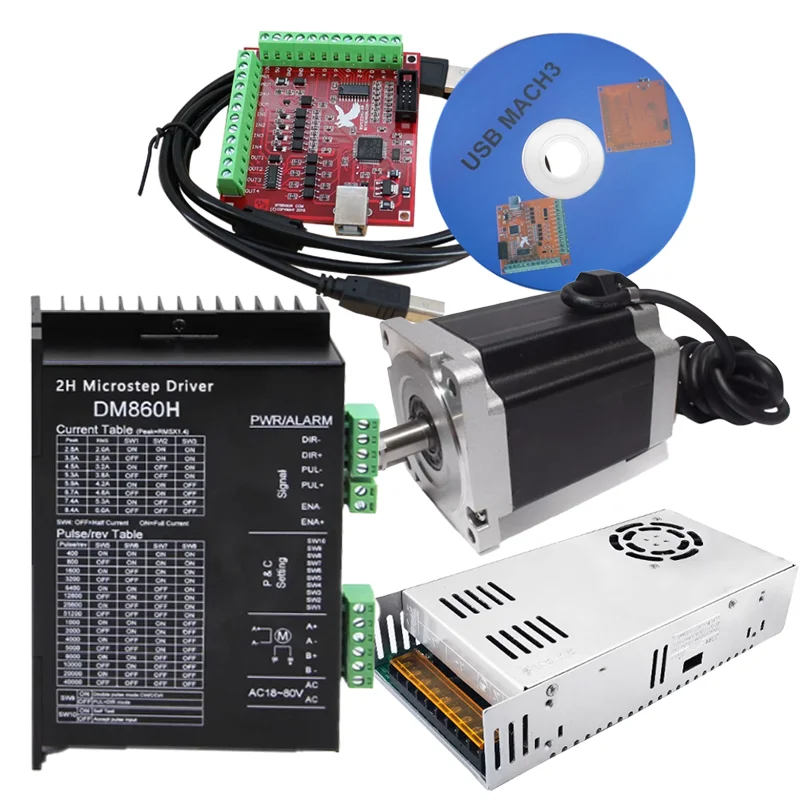 Nema 34 스테퍼 모터 토크 8.5Nm(L=118mm)/10Nm/12NM/12.5Nm+드라이버 DM860H/MA860H+60V 전원 공급 장치+4/5축 제어 보드
