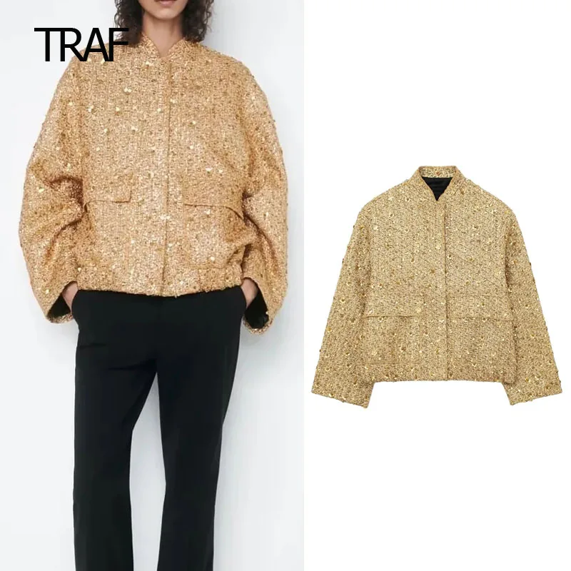 

TRAF Women's Jacket Demi-Season Sequinned Bomber Jacket Long Sleeve Top Korean Luxury Clothing Chic And Elegant Woman Jackets