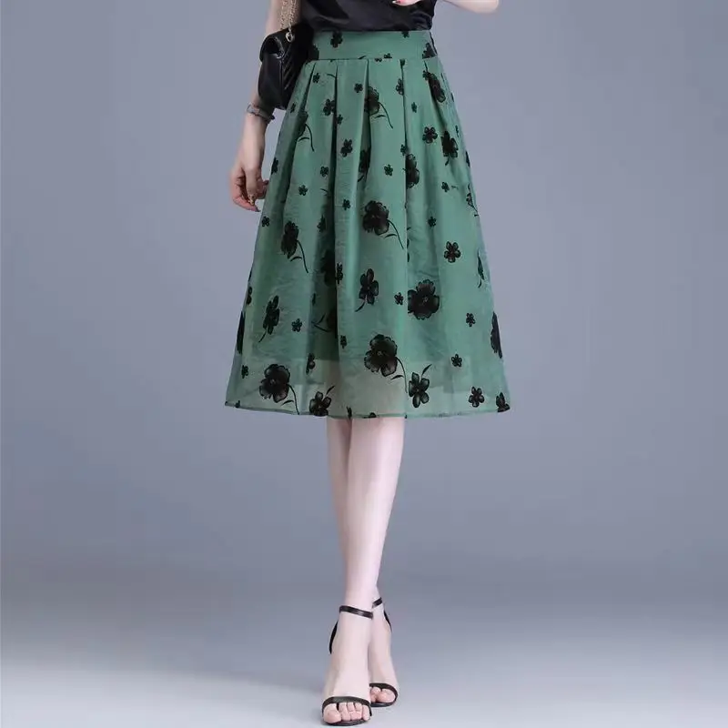 Юбка женская трапециевидная с завышенной талией, модная повседневная тонкая юбка в Корейском стиле, с цветочным принтом, с эластичным поясом, универсальная сетчатая в складку, на лето