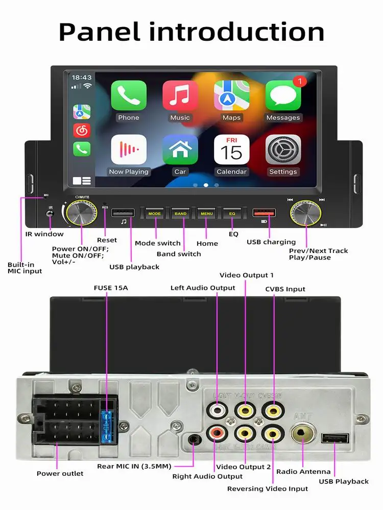1 Din Car Radio Stereo FM Audio Stereo MP5 Player Bluetooth 6.2"Touch Screen USB for Autoradio Apple Carplay Android Auto
